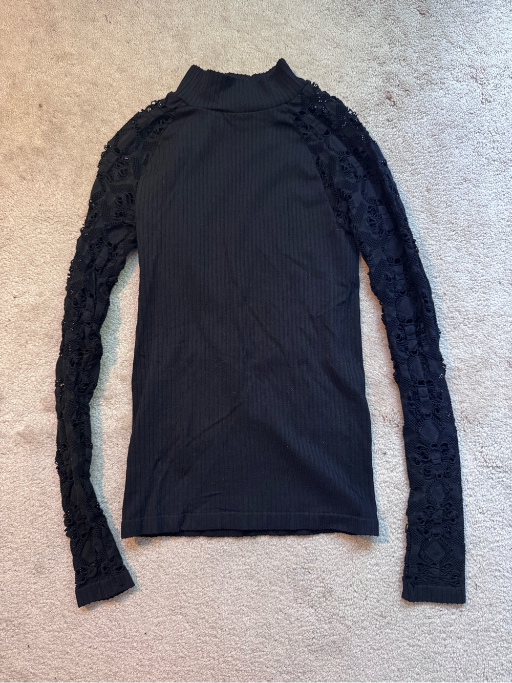 VENUS Black Ribbed Mock Neck Top with Lace Long Sleeves
